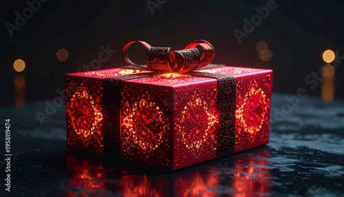 A festive red Christmas gift box wrapped with a golden ribbon and bow sits beside a decorative candle, creating a beautiful holiday surprise package for a seasonal celebration