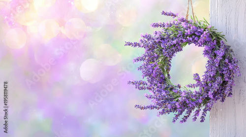 Beautiful watercolor art of lavender wreath, showcasing vibrant purple flowers and soft, dreamy background