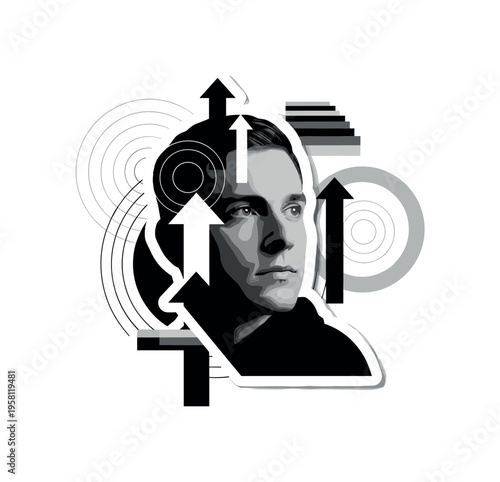 business founder face portrait, abstract circles arrows and layered blocks symbolizing growth and direction, black and white retro portrait of thoughtful