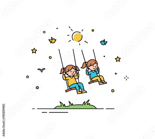 Sunny park playtime children swinging high above a small patch of grass while tiny birds and stars add a sense of lively motion. Warm visual metaphor of