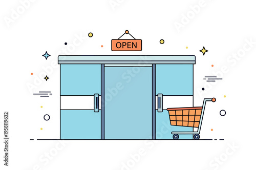 Supermarket entry moment featuring sliding doors beneath a simple ?Open? sign while a cart waits outside the entrance. Retail themed illustration capturing