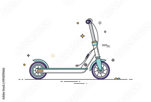 Kick scooter front wheel minimal scene showing a single front wheel with brake cable and small fender detail, expressing practicality and everyday mobility. A