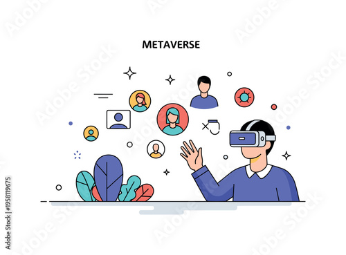 Metaverse interaction moment featuring a person with a VR headset reaching toward floating avatar icons and virtual symbols. The composition highlights digital