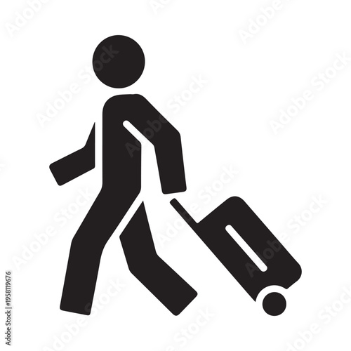 Traveler with Rolling Luggage Walking Forward Simple Silhouette Isolated on White