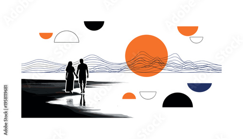 conceptual romantic beach scene with a black and white couple silhouette walking toward the horizon, white outline cut-out effect, giant orange sun circle