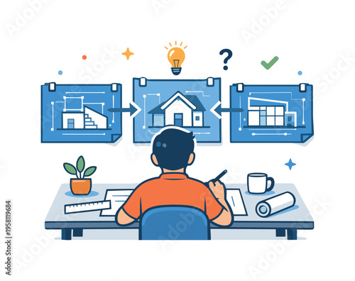 Architect blueprint desk focused on a character comparing multiple schematic drawings side by side, representing iteration, alternatives, and decision making