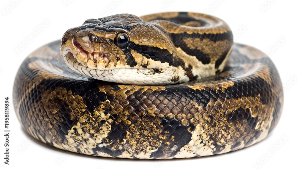 Fototapeta premium Close-up of a coiled python snake head with intricate scale patterns.