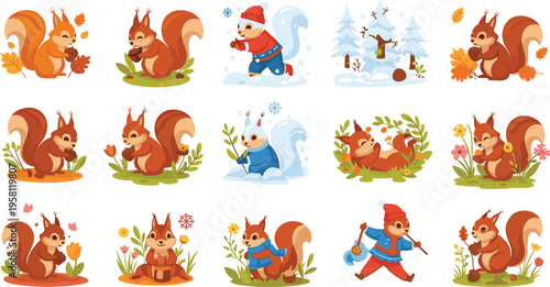 Cute squirrel seasonal activities set with autumn, winter and spring scenes cartoon vector illustration