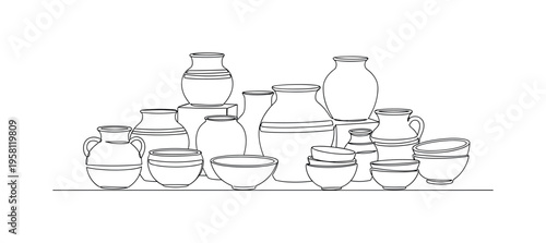 Pottery Display Scene. Minimalistic one-line drawing assortment of ceramic pots and bowls arranged aesthetically on a table, continuous single black line on