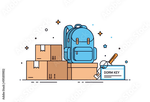 Student move in organization a tidy arrangement of boxes, a backpack and dorm key card illustrating simple planning for a smooth college housing transition.