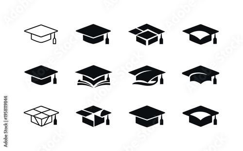 developing expertise. Icon set. Set Logo of developing expertise: graduation cap. harmonious logo variations of the same emblematic concept, each