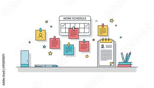Work schedule with sticky notes and reminders arranged on a bright desk, showing productivity, time blocking, and visual task organization. Minimalist flat
