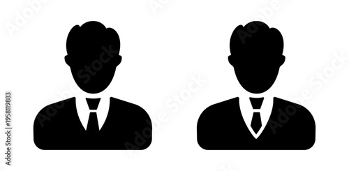 Set of two businessman icons, silhouette of professional men in suits with ties, outline icons with transparent background used for profile pictures or user identification.