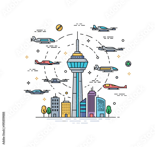 Futuristic hover traffic scene centered on a city tower with multiple flying vehicles circulating in organized aerial paths. The composition highlights the