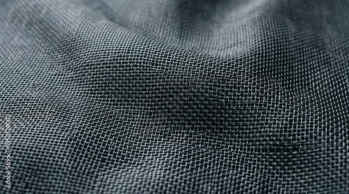 Detailed macro shot of dark grey wavy metallic mesh fabric texture background showing ripples and a fine grid pattern.