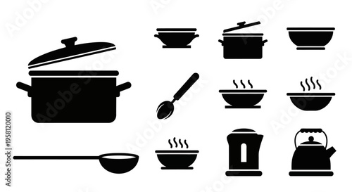 Extensive kitchen cooking utensils and cookware set silhouette on isolated white background.