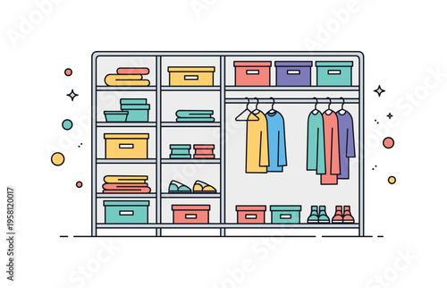 Modular closet storage wardrobe interior with adjustable shelves, hanging rods, and a few storage boxes forming a flexible clothing organization system. The