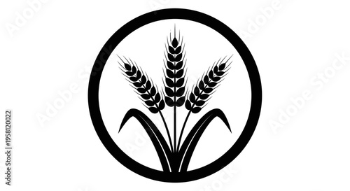 Three wheat stalks graphic icon inside a circle with simplified leaves on isolated white background.