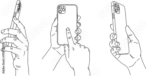 Hand holding smartphone line art set with different gestures, outline vector illustration of mobile device usage isolated on white background for UI interaction design