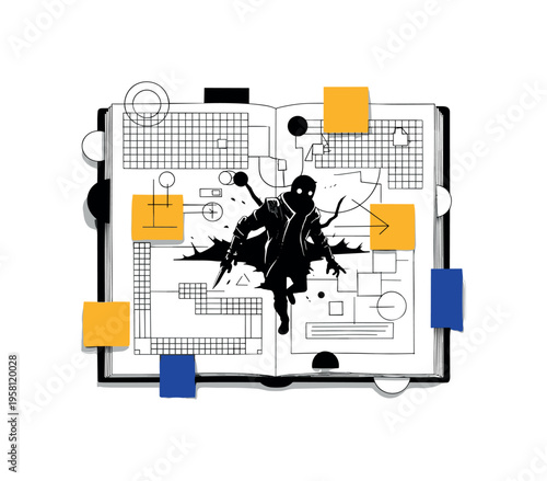 black-and-white game character silhouette emerging from a sketchbook page, geometric grids and circles representing level design and planning, mustard yellow