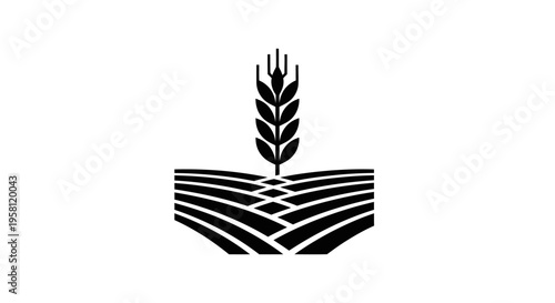 Wheat stalk on stacked stylized farm fields silhouette on isolated white background.