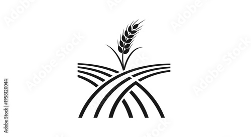 Wheat stalk growing from stylized agricultural fields silhouette on isolated white background.