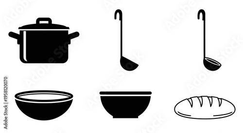 Kitchen utensils set with pot, ladles, bowls and bread silhouette on isolated white background.