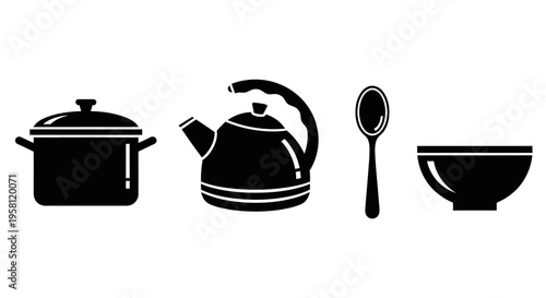 Kitchen cooking utensils set with pot, kettle, spoon and bowl silhouette on isolated white background.