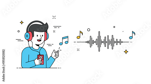 Listening to music on headphones cheerful character wearing headphones while holding a small music player as floating notes form a playful sound wave. The