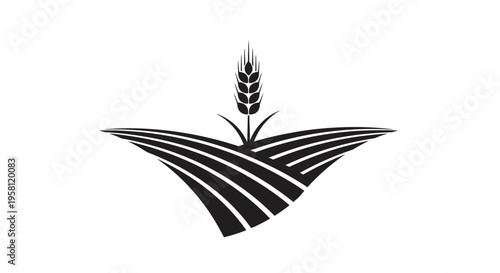 Wheat stalk standing on curved stylized farm fields silhouette on isolated white background.
