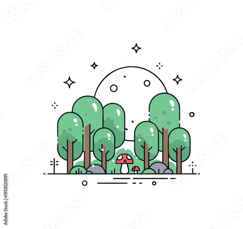 Moonlit forest clearing with a cluster of rounded trees surrounding a small glowing mushroom and subtle star accents above. Gentle magical atmosphere