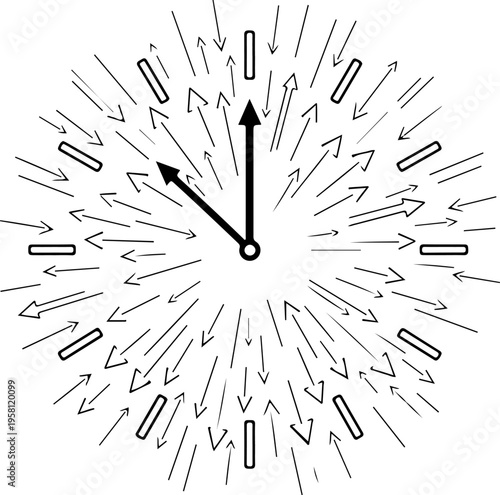 Abstract black and white clock face with arrows pointing towards the center, symbolizing time management and focus vector