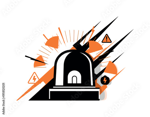 Close-up black and white emergency siren light, layered with orange semicircles radiating outward and sharp diagonal lines suggesting motion, abstract minimal