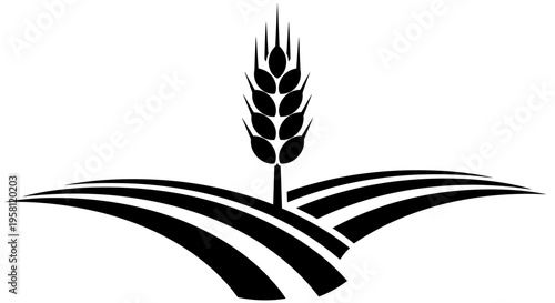 Prominent Wheat Stalk on Abstract Layered Fields, Agriculture and Grain Industry Concept, Isolated White Background