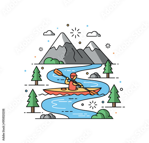 Mountain river kayaking kayaker paddling along a winding river with simple mountain shapes rising in the background and small pine trees along the banks. Spark