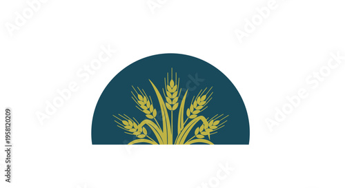 Stylized Wheat Stalks Growing from a Half-Circle with Dark Blue Background, Organic Agriculture Design, Isolated White Background