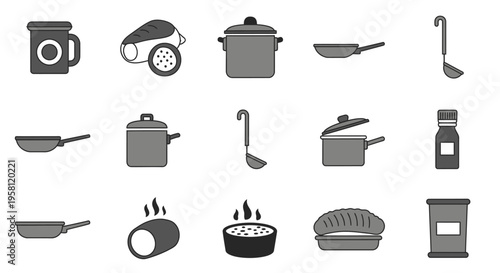 Set of Kitchenware and Food Product Icons, Isolated White Background