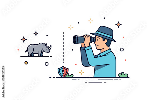 Endangered species monitoring illustrated by a researcher silhouette holding binoculars while a small rhino icon appears in the distance, symbolizing field