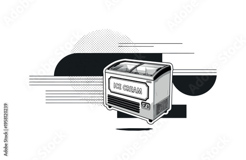 retro ice cream freezer box, geometric blocks semicircles and thin horizontal lines forming structured layout, black and white vintage street freezer used for