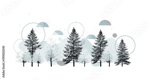 black and white forest of frost-covered trees with soft snow shapes floating around, realistic cut-out trees with white outline, geometric semicircles and