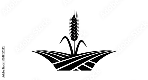 Wheat Stalk Growing in Farm Field Landscape, Isolated White Background