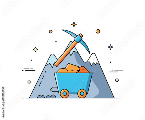 Mountain mining industry concept featuring a pickaxe placed over a simple ore cart silhouette, expressing extraction and industrial activity. The compact