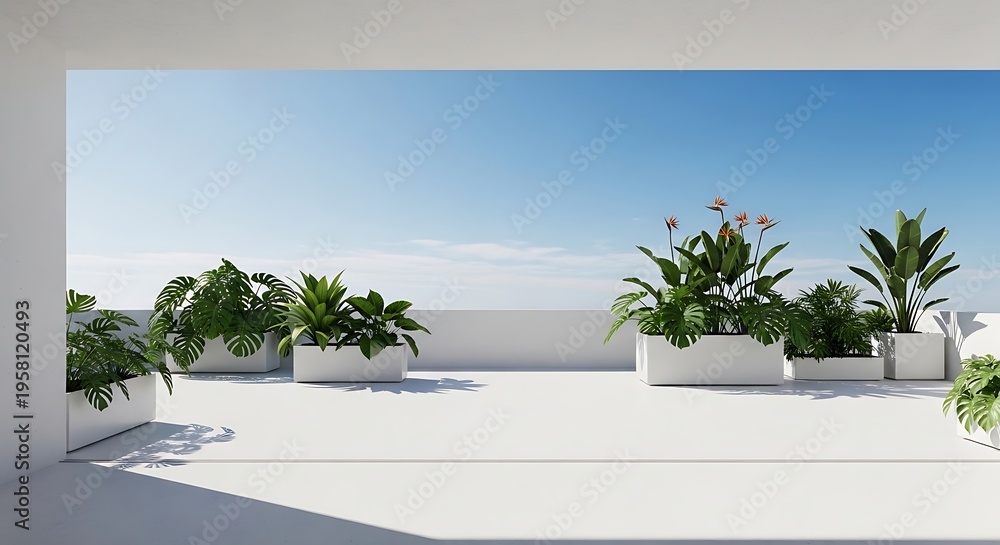 Obraz premium Modern rooftop terrace with lush green potted plants and clear blue sky, creating a serene urban oasis for relaxation and outdoor living.