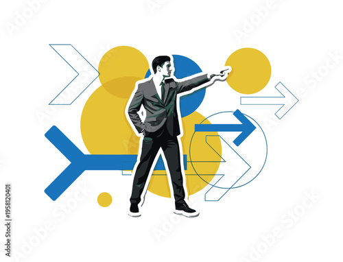 retro style collage of a young leader pointing forward with determination, monochrome realistic figure with white cut-out outline, geometric circles and