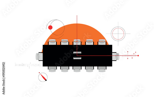 Black and white minimal conference table seen from above with empty chairs arranged evenly, bright orange semicircle rising behind the table edge, thin red