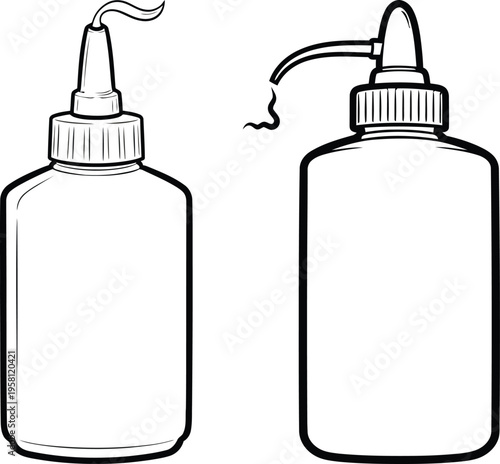 Black and white line art illustration of two plastic squeeze bottles with different nozzle styles