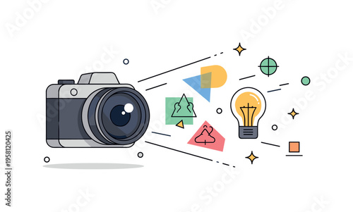 Creative photography vision a camera lens projecting abstract shapes and light symbols that represent artistic ideas captured through the camera eye.