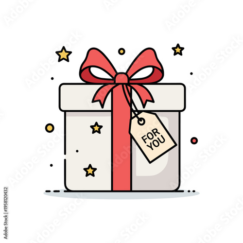 Wrapped gift with festive ribbon close up of a present with bold bow and small tag reading For You, star accents enhancing the celebratory feel. A simple
