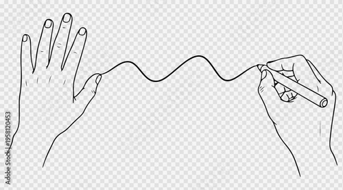 Vector illustration of two hands drawing a continuous wavy line on a transparent background, creative design concept
