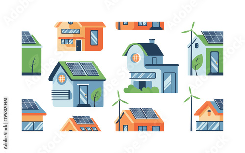 smart eco homes solar panels wind energy leaves and efficient lighting stylized as sustainable housing motifs, flat vector rounded forms, bright modern palette